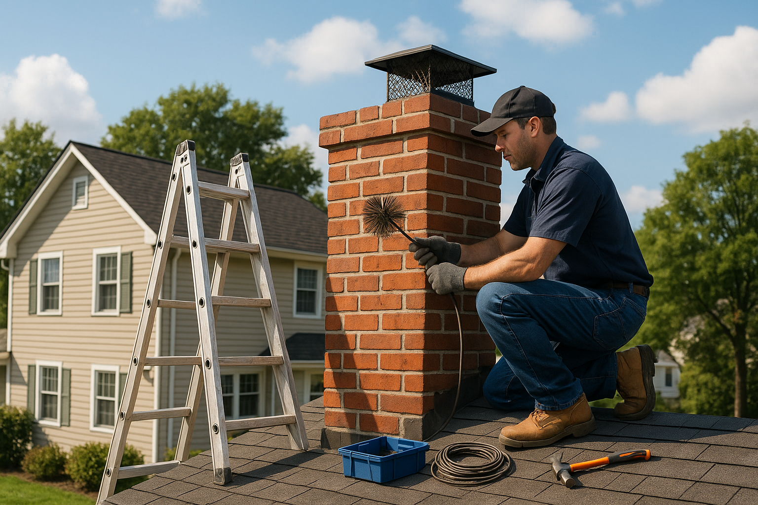Chimney sweep in Hamden CT working safely on a roof
