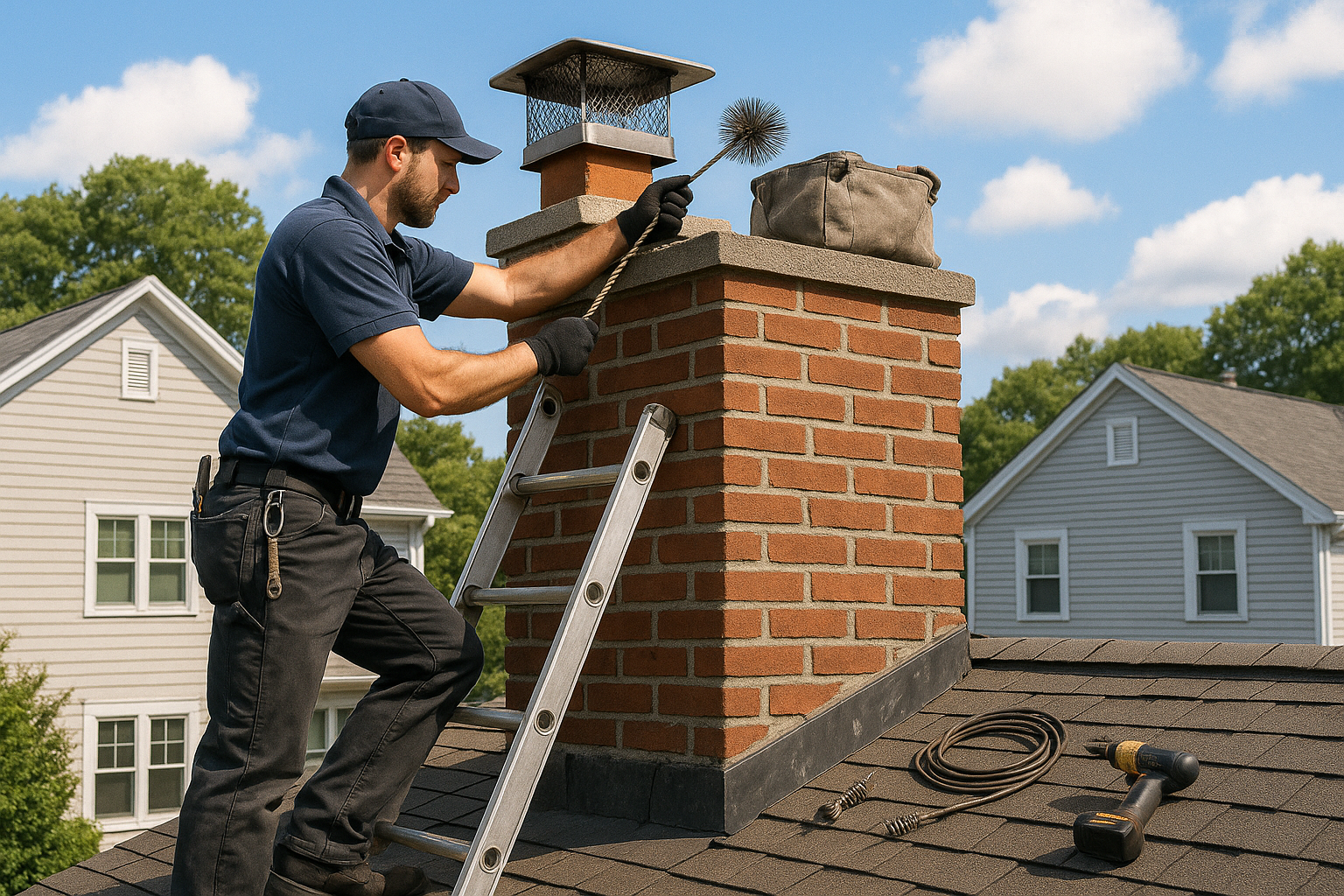 Chimney sweeping tools and HEPA vacuum